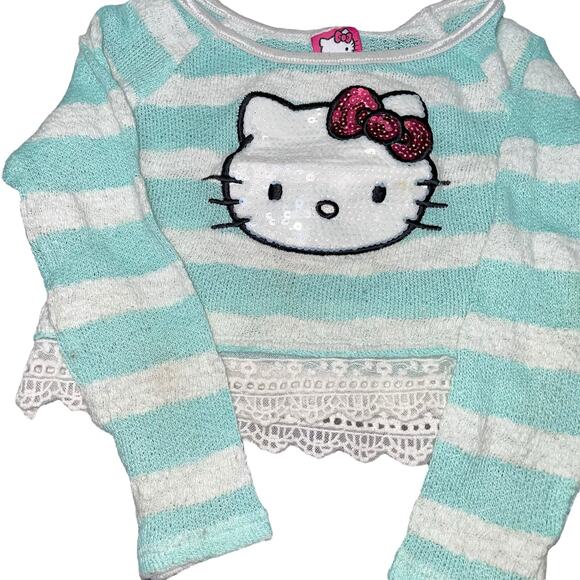 Hello Kitty Girls Kids Size 6 Sweater Pullover Blue White Stripe Sequin Pink Bow - Picture 11 of 12